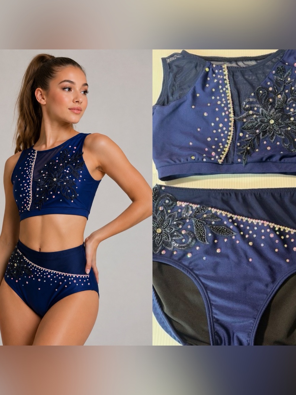 Patrick J designs solo custom dance costume 2 piece navy illusion stoned MA adu